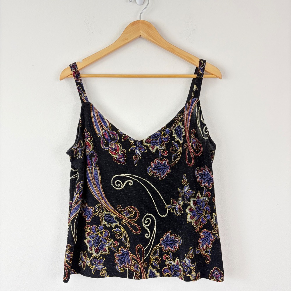 Alex Evenings Womens XL Black Paisley Floral Metallic Sheer V-Neck Cami Blouse